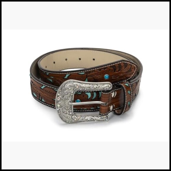Faux Leather Rhinestone Western Belt with Turquoise Carved Pattern main image 6